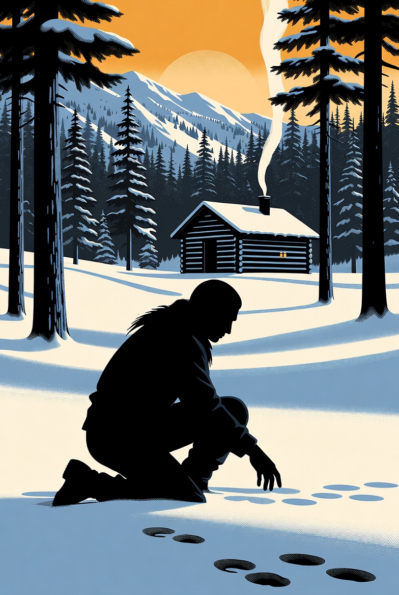 A tracker kneeling in the snow reading paw prints, a log cabin and pines behind